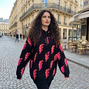 NWT Crazy Train Black Lightning Bolt Hooded Sweater Size 2XL Neon Pink Orange